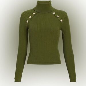 Olive Green Ribbed Sweater with Button Accents